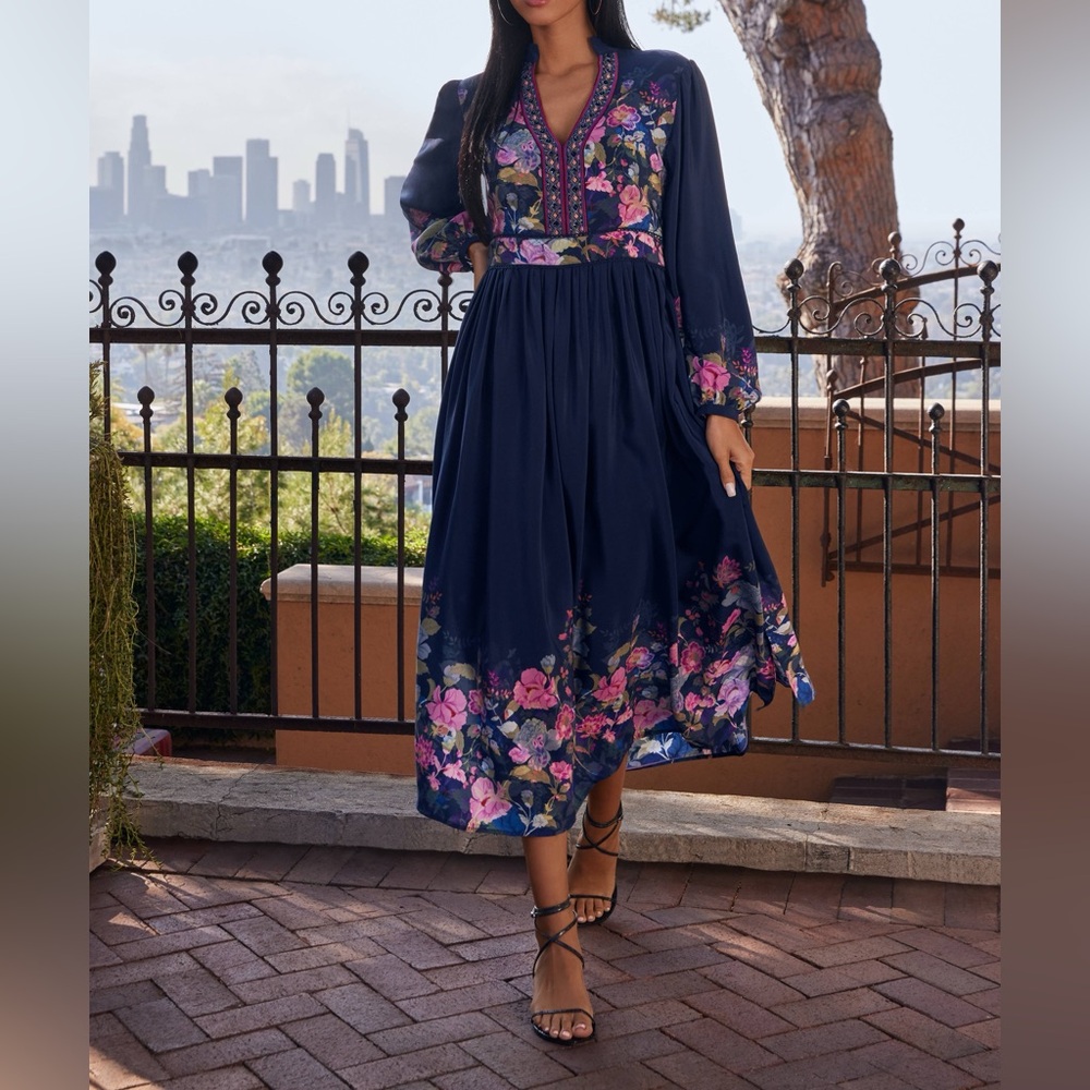 Johnny Was Navy Floral Spring Long Sleeve Valeria Silk Maxi Dress Petite M 6